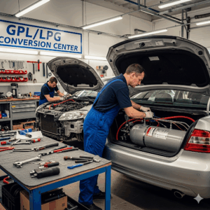 Due meccanici installano un impianto GPL in un'auto, uno lavora sul motore e l'altro nel bagagliaio.