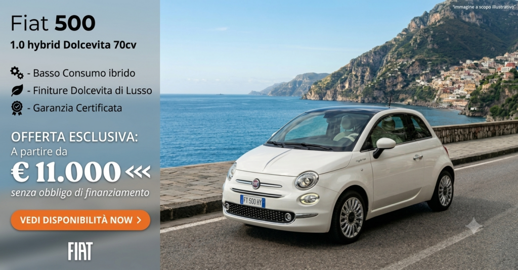 Fiat 500 1.0 Hybrid Dolcevita bianca su strada panoramica, offerta auto usate a 11.000 euro.